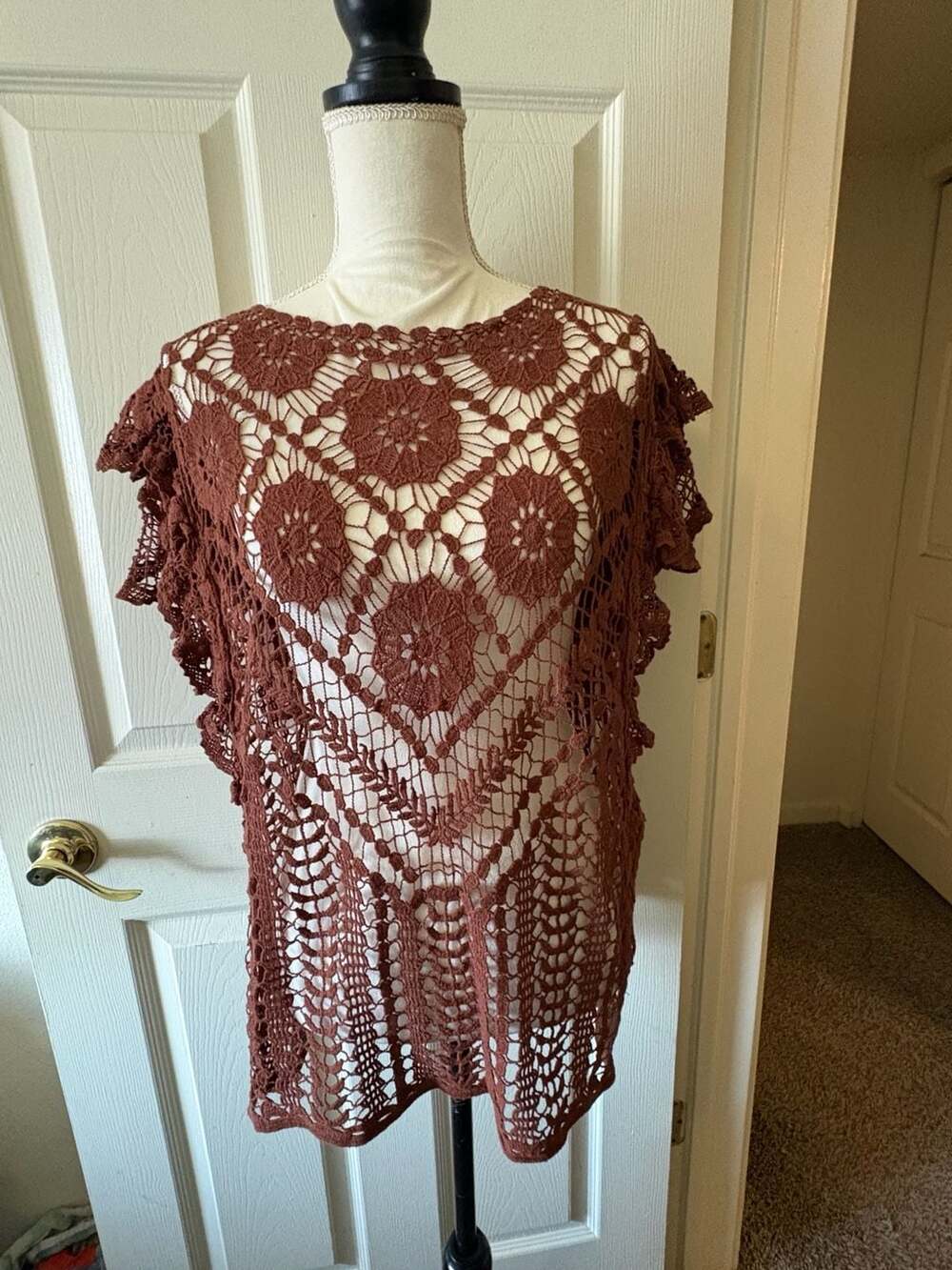 Boho Crochet Sleeveless Knit Tunic Top in Brown